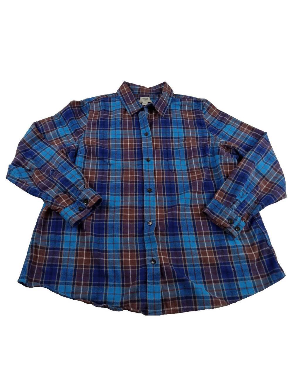 LL Bean Flannel Shirt Womens XL Blue Brown Plaid Long Sleeve Button Up 1X